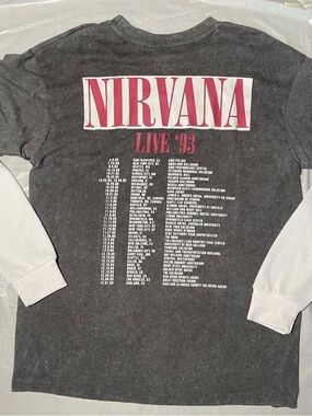NIRVANA 1993 Tour Charcoal Faux Layered Long Sleeve Tee with Pink Smiley Graphic